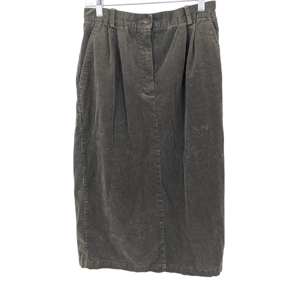 Lands End Corduroy Midi Skirt Womens 10 Olive Green Pleated Pockets Boho Y2K
